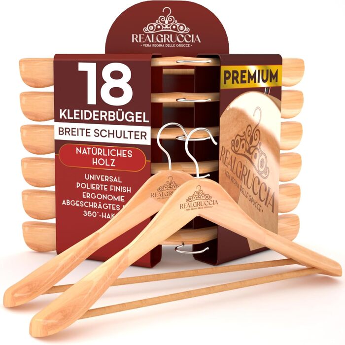 18 Wooden Clothes Hangers, Wide Shoulder, Wood Hangers, Natural Wood Color, Trousers and Shirts - RealGruccia with Trouser Bar, Polished Surface, Swivel Hook, Angled Profiles - 24x45cm