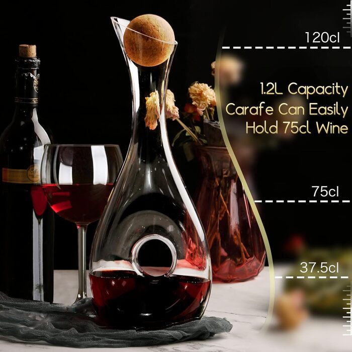NUTRIUPS Crystal Glass Wine Carafe, 1.2L Wine Decanter, Red Wine Decanter for 375ml & Cork Closure Wine Decanter, Handmade, Drip-Free