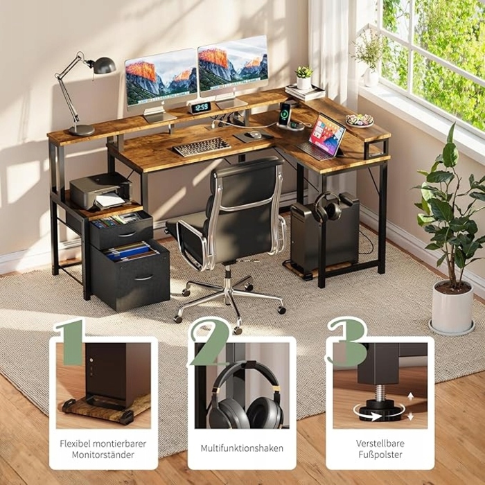 Великий кутовий ігровий стіл у формі L з LED-підсвіткою та полицею, 168x100 см