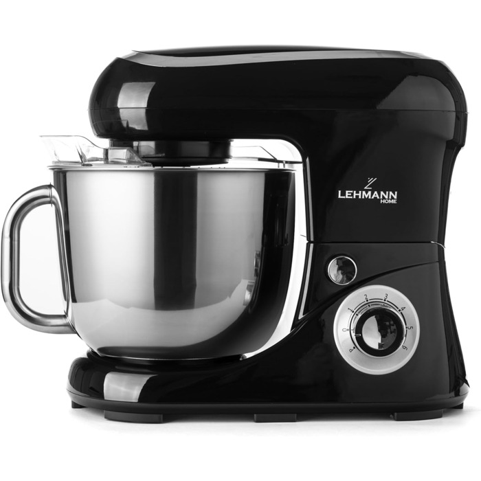 Lehmann Planetary Kitchen Machine with Stainless Steel Bowl 5 L, Multifunction Mixer 2200 W, 6 Speed Dough Machine, incl. Splash Guard, Dough Hook and Whisk (Black)