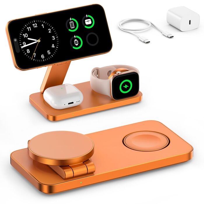 Бездротова зарядна станція 3 в 1 для Apple iPhone 17/16/15/14/13/12, Apple Watch Ultra/11/10/SE та AirPods 4/3/2, сумісна з MagSafe, складана, помаранчева