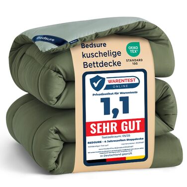 BEDSURE Ковдра всесезонна 135x200 см, стеганий ковдра, ковдра без наволочки, 300 GSM, для алергіків, 135x200/200x200 см, сірий/світло-сірий, зелений