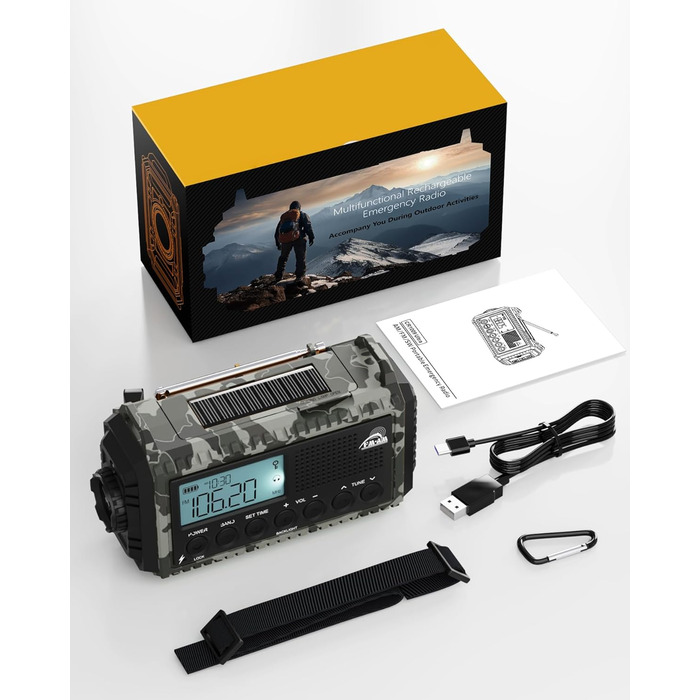 Радіо Kurbelradio на сонячній батареї та з ручкою, 12000mAh, AM/FM/SW, USB-зарядка, SOS-сигнал, для кемпінгу та надзвичайних ситуацій, зелений (сірий камуфляж)