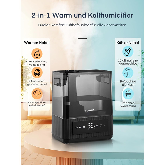 Зволожувач повітря FOHERE для спальні, 6 л, тихий, з теплим/холодним туманом, 60 годин роботи, дифузор для ефірних олій, режим сну, таймер 12 годин, нічник для дому, дитячої кімнати, рослин, немовлят та дітей