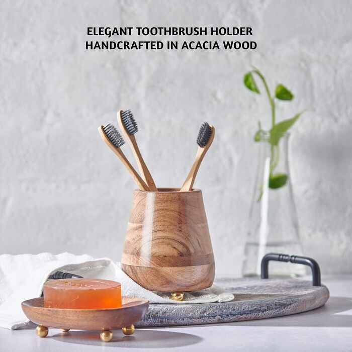 Folkulture Bathroom Toothbrush Holder, Modern Wooden Toothbrush and Toothpaste Holder (Natural)