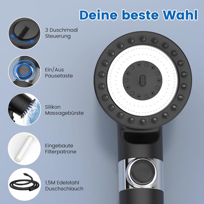 Digiroot Shower Head with Filter, 15 Filtration, Showerhead with Hose 1.5M, High-Pressure Hand Shower Rain Shower with 7 Spray Patterns, Water-Saving Shower Head for Removing Hard Water, Residual Chlorine, Heavy Metals (Black)