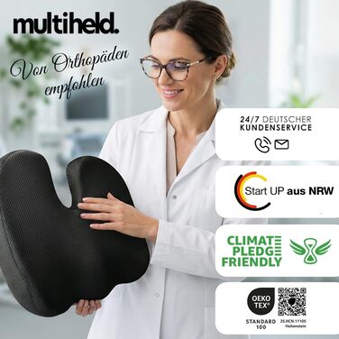 Ортопедична подушка для сидіння Steißbein з Memory Foam, 3 ступені жорсткості. Для офісного крісла, авто, дому. Розвантаження при тривалому сидінні. Чорний, 60-90 кг.