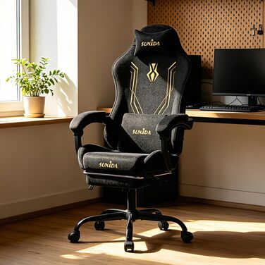 Ігрове крісло SUKIDA Ergonomic з тканини шеніль, з підставкою для ніг, підголівником та поперековою підтримкою, дихаючий матеріал, навантаження до 150 кг, чорне