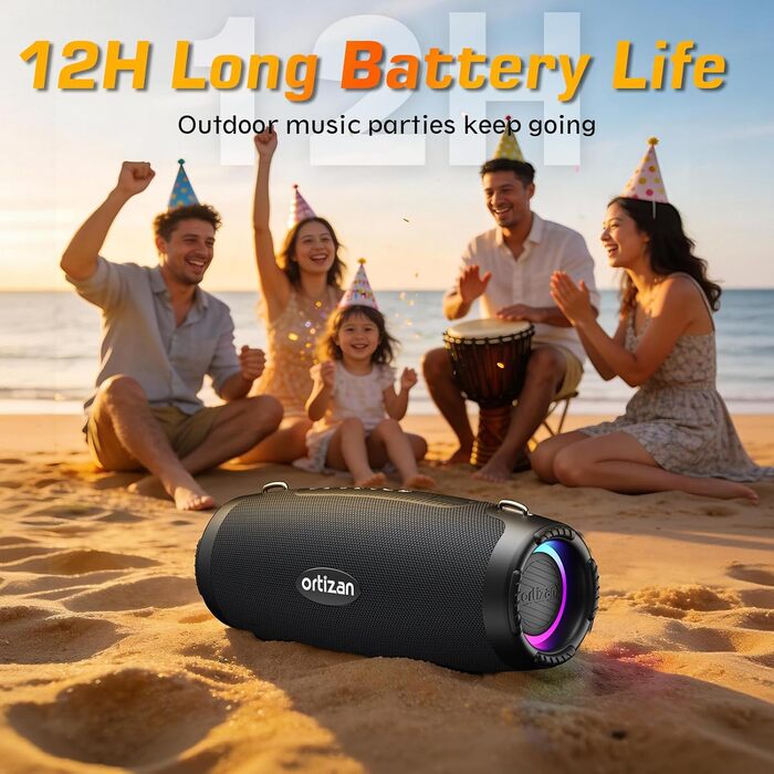 Ortizan Bluetooth колонка портативна 80 Вт, чорна: Водонепроникна IPX7, LED-підсвітка, Power Bank, до 12 год. роботи, Extra Bass