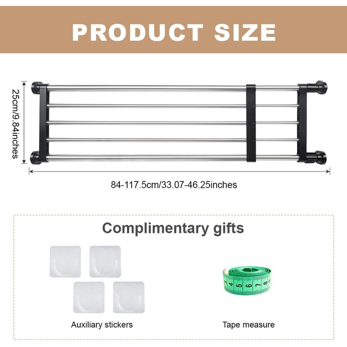 Hershii Extendable Closet Shelf Retractable Organizer Adjustable Closet Organizer Pull-out Closet Divider Rod Closet Metal Storage, for Closet, Kitchen, Bathroom, Black (84-117.5cm/33.07-46.26inches)