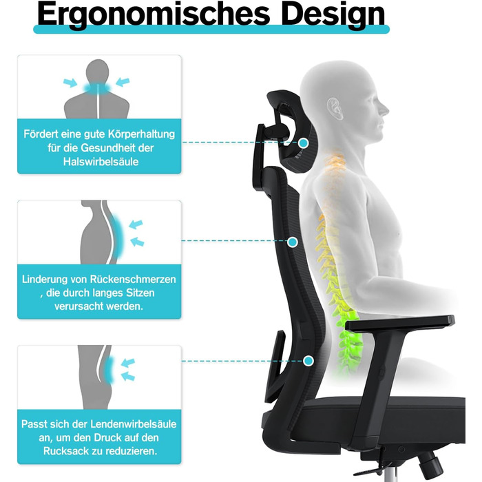 Ергономічне крісло для офісу з регульованою поперековою підтримкою, 2D підголівником та підлокітниками, поворотне, до 150 кг, чорний колір, нейлон