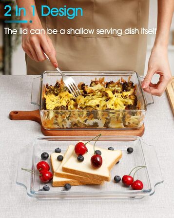 Прямокутна форма для запікання з кришкою, 2L, 24x20x6 см, скляна форма для лазаньї на 2 порції, для мікрохвильової печі та духовки