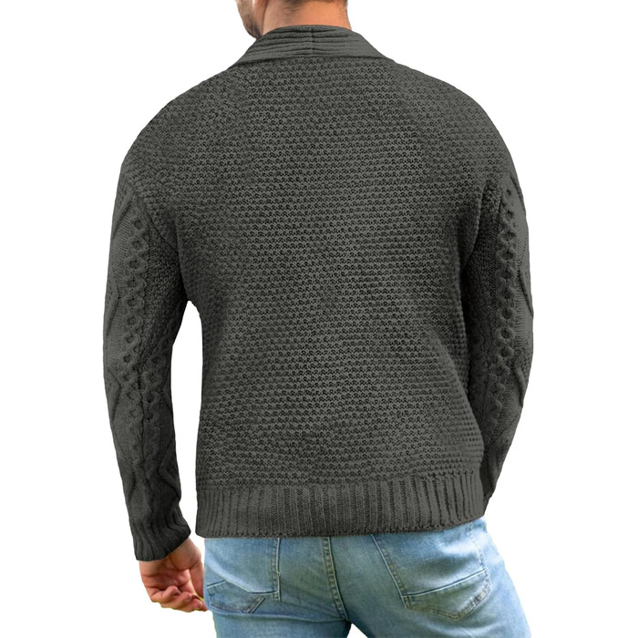 Чоловічий в'язаний жакет Comdecevis з коміром-шарфом, рельєфним в'язанням, ґудзиками, довгими рукавами, кишенями, темно-сірий (3XL)