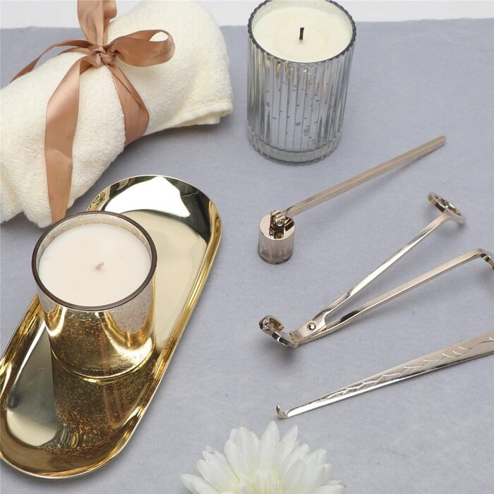 LUTAVOY Candle Accessory Set, Wick, Trimmer, Wick Dipper, Candle Snuffer, Storage Tray, 4 Pack Candle Care Set, Gift for Candle Lovers (CAG1 – Gold)
