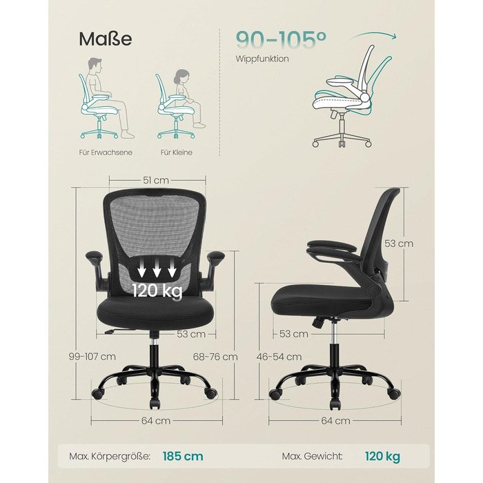 Офісне крісло SONGMICS з ергономічною спинкою з сітки, підтримкою попереку та підголівником, функцією гойдання, сидіння 53 см, відкидні підлокітники, для офісу та спальні, для студентів, чорне