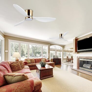 Стеляний вентилятор Reiga з LED-підсвічуванням та пультом керування, 132 см, тихий DC-двигун, 3 колірні температури, 3-лопатевий дизайн з дерева для спальні, вітальні та кухні, білий, монтаж на стелю