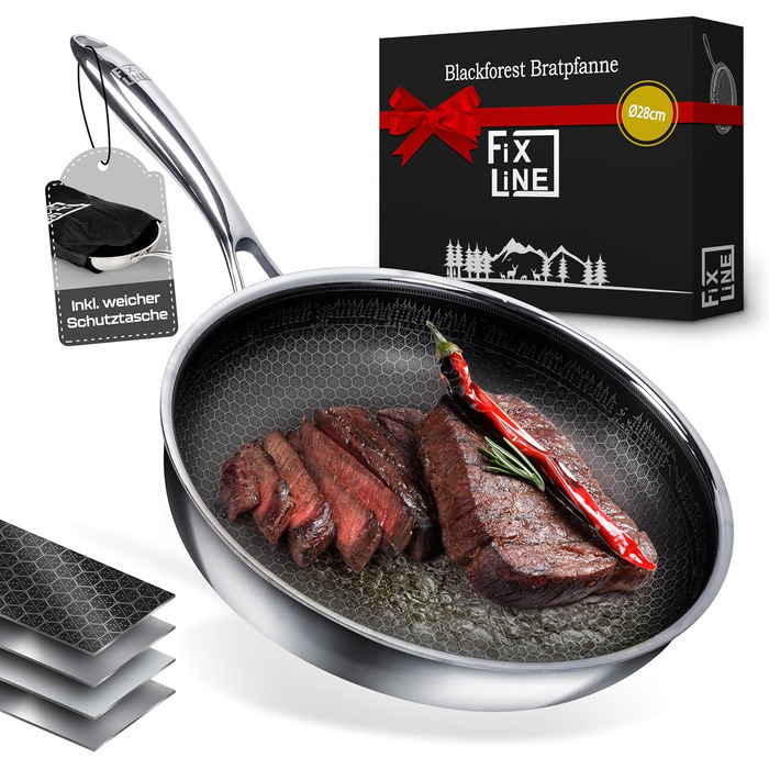 FIXLINE Black Forest Non-Stick Frying Pan - 28cm - Red Design - PTFE-Free - Compatible with All Cooktops (including Induction) - Oven Safe up to 250°C - Easy Cleaning - Ideal Gift