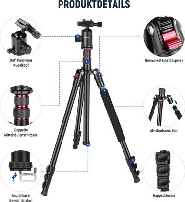 Штатив NEEWER 77' з моноподом: алюмінієвий, для DSLR та смартфонів, з кульковою головкою 360° та QR-пластиною, портативний, витримує до 15,4 кг