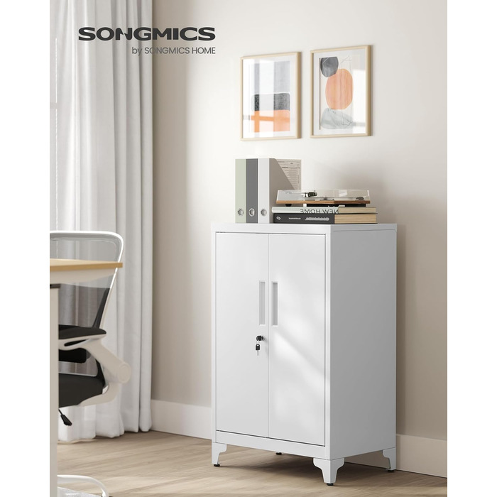 SONGMICS File Cabinet, Multi-Purpose Cabinet, Office Cabinet with 2 Doors, Lockable Cabinet, Steel Storage Cabinet, for Study Room, Living Room, Matte White OMC012W01