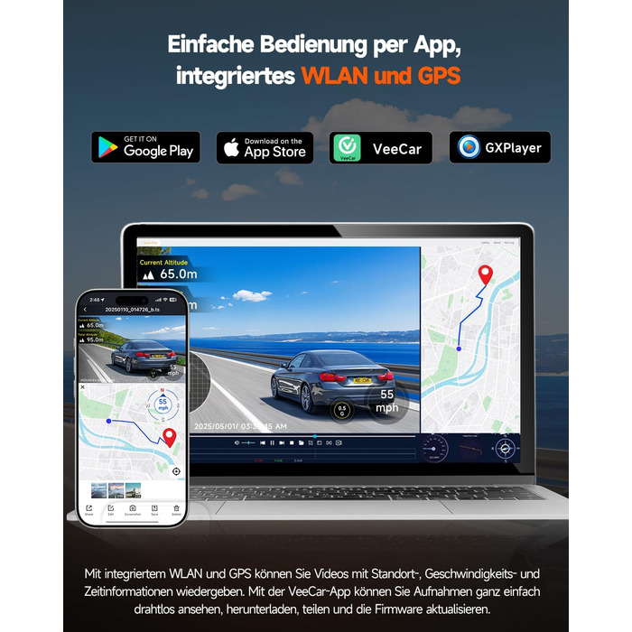 Відеореєстратор E-YEEGER Dashcam Auto 345° Panorama 4K+2.5K з GPS, WiFi, HDR, Нічне бачення, Паркувальний режим, Loop-запис, SD-карта 64GB
