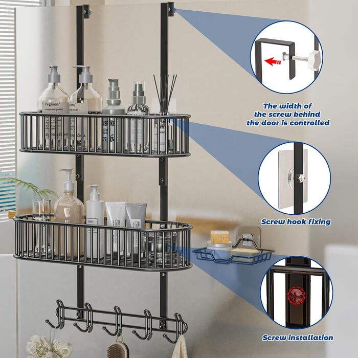 Настінна поличка для душу AIGOCITY без свердління, чорна, для скляних душових кабін, з 3 гачками, регульована висота, для шампуню та гелю для душу
