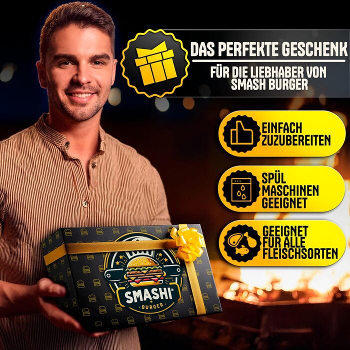 Набір для приготування Smash Burger від SMASHI® з нержавіючої сталі 304 – професійний набір з антипригарною пресом, лопаткою для гриля та дзвоном для бургерів – з рецептами (базовий)