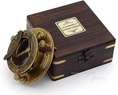 Roorkee Instruments India Best Presents for Sailors/Vintage Brass Compass with Wooden Box/J.H. Steward Directional Magnet Compass for Navigation, Sundial, Pocket Compass for Camping, Hiking, Touring