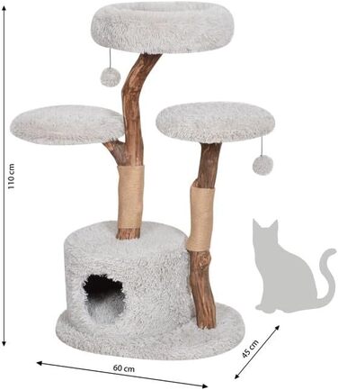 Котячий будиночок Dehner Premium Lovely: кігтеточка, лежанка, печера | для великих та маленьких котів | дерево, плюш, сизаль | стабільний, сучасний, сірий | 110 x 60 x 45 см