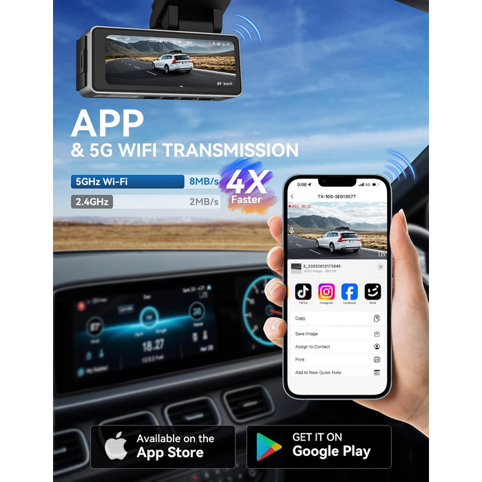 Автомобільний відеореєстратор TECXERLLON 4K Dual Dashcam (передній та задній), нічна зйомка Starlight, GPS, WDR, G-сенсор, режим паркування 24г, кут 160°/150°, карта пам'яті 64ГБ у комплекті