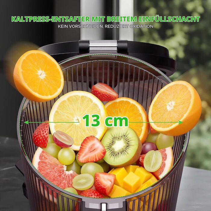 Електрична соковижималка для овочів та фруктів Slow Juicer, шнекова соковижималка для смузі та сорбету, широкий завантажувач 130мм, 250Вт, срібляста