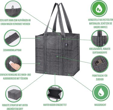 VENO 34 Liter Large Shopping Bag Foldable with Sturdy Bottom and Front Pocket, Reusable Shopping Bags Water-Resistant Shopping Basket for Shopping Picnic (Black Windowpane, 4-Pack)