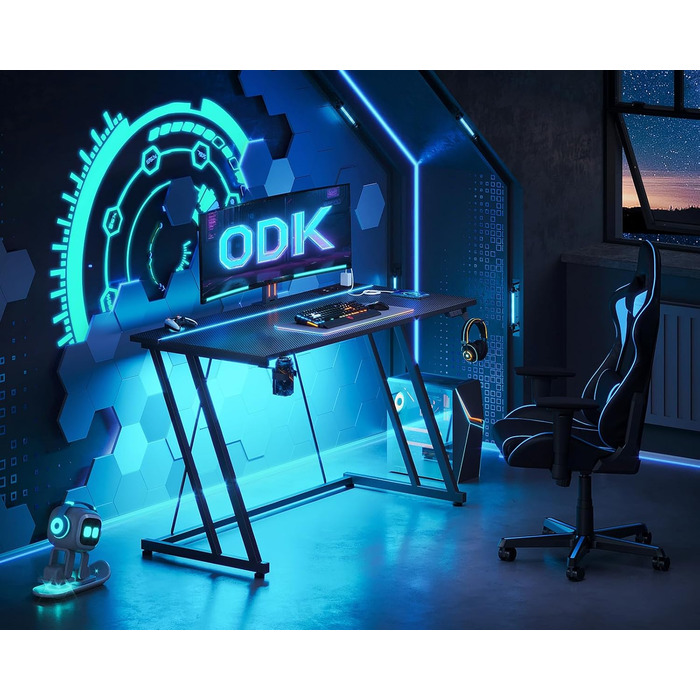 Ігровий стіл ODK з LED-підсвіткою та розеткою, комп'ютерний стіл 120 см, карбонове волокно, чорний, з підстаканником і гачком для навушників, подвійна Z-рама
