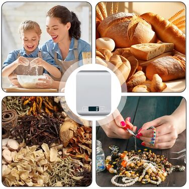Цифрова кухонна вага, 10 кг/1 г, USB, акумулятор, LCD дисплей, функція тарування - срібно-білий