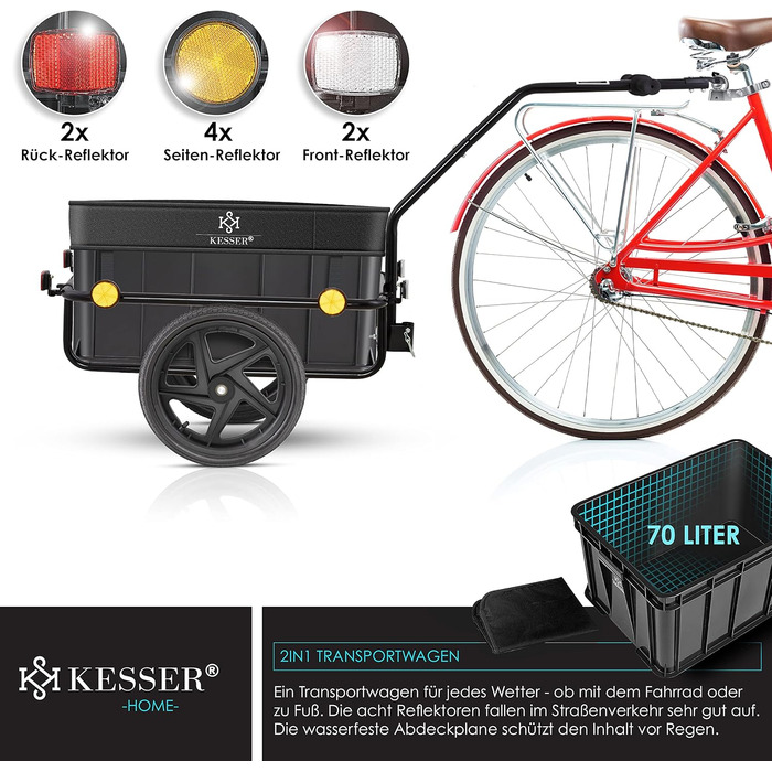 Причіп для велосипеда KESSER®: вантажний, ручний, з кутом нахилу, об'ємом 70 літрів (2 ящики для пива) + аксесуари, чорний