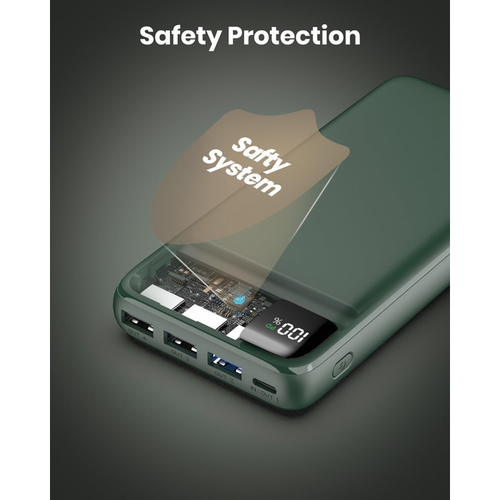 Power Bank Bilivein 27000mAh з LED дисплеєм: швидка зарядка 22,5W, PD/QC, USB-C, для телефонів та планшетів (зелений)