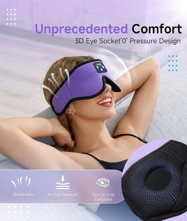 Маска для сну Voerou з Bluetooth 5.4 та вбудованими стереодинаміками, для тих, хто спить на боці, фіолетовий колір