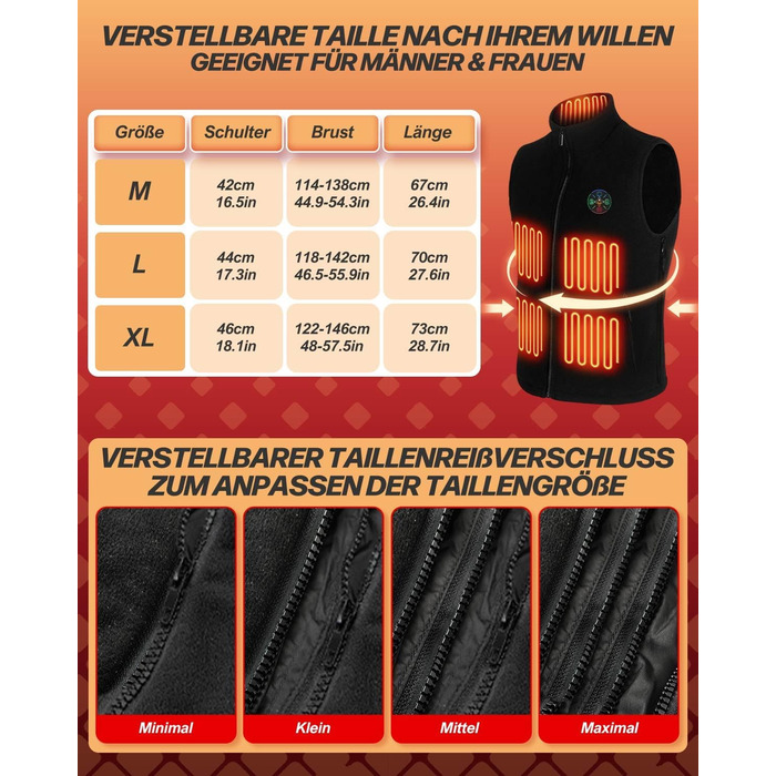 Електрична гріюча жилетка з підігрівом для жінок та чоловіків, 5V/7.4V, 20000mAh, 10 зон нагріву, 3 температурні режими, для велоспорту, активного відпочинку, роботи на вулиці, кемпінгу, розмір L, чорна
