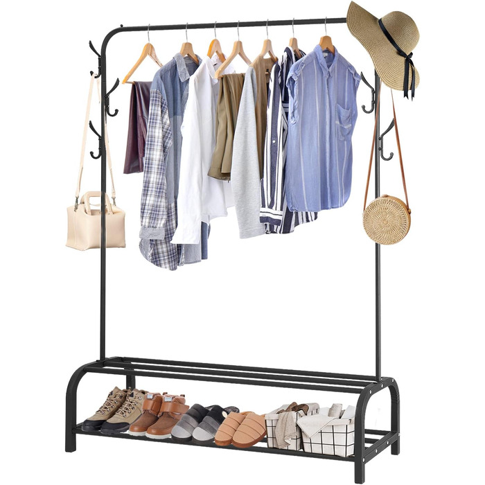 ColdShine Clothes Rack Metal Freestanding Clothes Rack Stable Clothes Rod with Shelf Coat Rack for Coats, Skirts, Shirts, Sweaters, Black