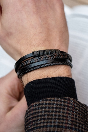 Чоловічий шкіряний браслет LUXMEN, чорний, регульований, з гравіюванням, 21 см