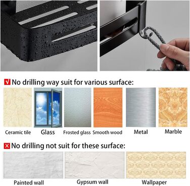 Настінна полиця Yeegout для ванної кімнати з гачками, кутова, чорна, з алюмінію, клейка