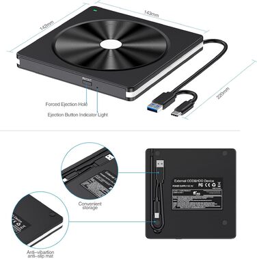 Зовнішній DVD/CD привід USB 3.0 та USB-C, DVD-записувач для ноутбука, ПК, Mac OS, Windows, Linux (Білий)
