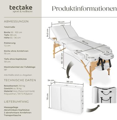 Масажний стіл Tectake® мобільний, склавний, з 3 зонами, 7,5 см товщина матрацу, регульована висота, підголовник та підлокітники, дерев'яні ніжки, сумка для перенесення (без масажних роликів, білий)