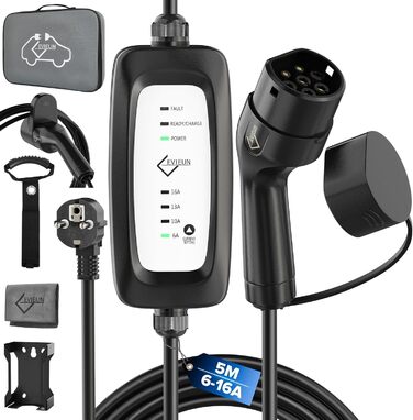 Кабель зарядки Schuko 3.6kW для електромобілів (5м, 6-16A) | Зарядний кабель для електрокар з регулюванням струму | Сумісний з ID.3/ID.4, Model 3/Y, ZOE, Q3/Q5 та ін. (EV/PHEV) Чорний - Upgrade, без дисплея 5 м