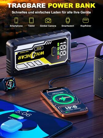 Powerbank для автомобіля 8000A 12V – Пусковий пристрій, бустер для акумулятора, зарядний пристрій для бензинових та дизельних авто (до 10л) з LCD дисплеєм, LED ліхтарем та кабелями для підключення (чорний)