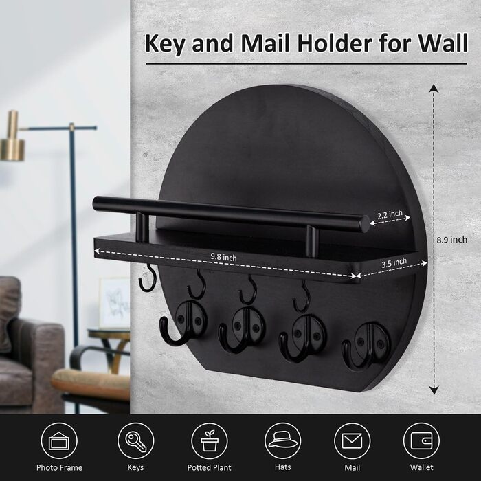 Настінна вішалка для ключів Nekon з полицею та 8 гачками, 24.8 см, чорний колір
