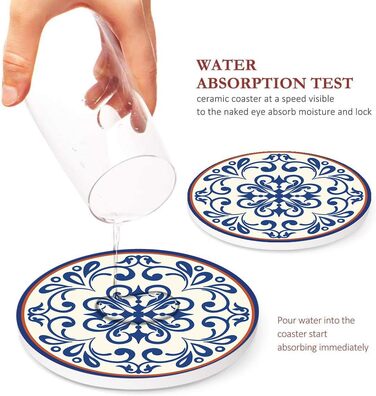 Drink Coasters 6-Piece Set, Geometric Tribal Boho Blue Red Absorbent Round Ceramic Stone Mat with Cork Bottom and Metal Holder, Housewarming Gift Bar Decor (Spanish Ceramic)