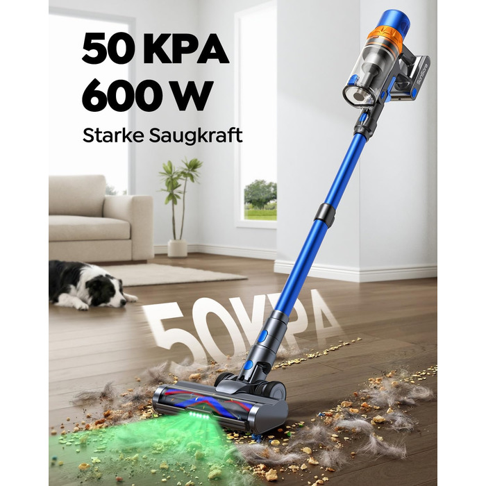 Акумуляторний бездротовий пилосос SunSare 600W, 50000Pa, 65 хв роботи, з гнучким шлангом 1м, аромафункцією та автоматичним режимом для килимів, твердих підлог та шерсті тварин