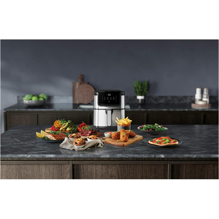 AEG AF6-1-4ST Hot Air Fryer / Frying / Grilling / Roasting / Baking with little to no oil / 8 programs / 3.5 l capacity / dishwasher safe / LED touch display / programmable / Stainless steel, Grey Stainless Steel 3.5l Capacity Series 6000