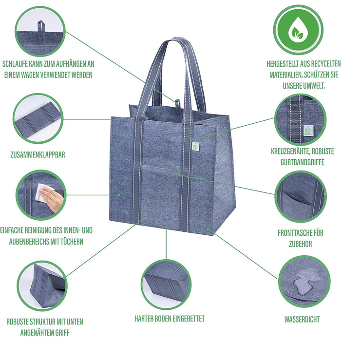 VENO 34 Liter Large Shopping Bag Foldable with Sturdy Bottom and Front Pocket, Reusable Shopping Bags Water-Resistant Tote Bag Shopping Basket for Shopping, Picnic (Gray, 4-Pack)