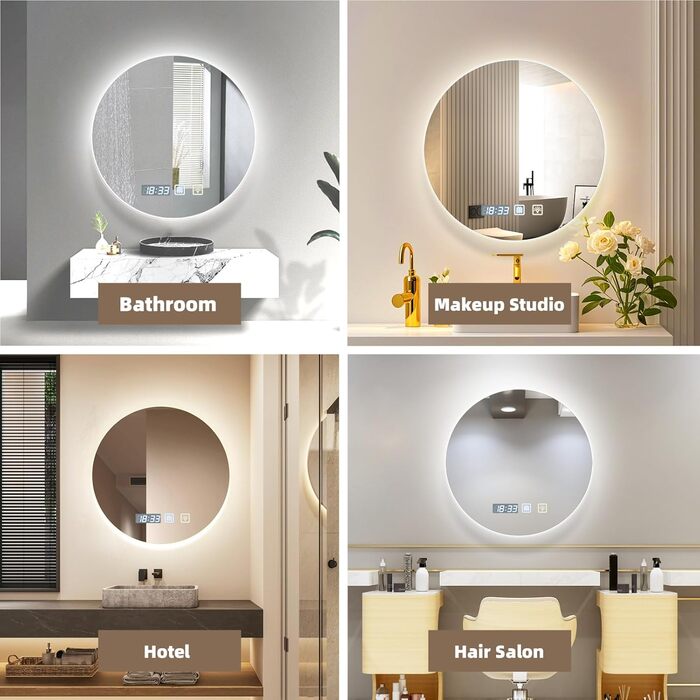 Дзеркало для ванної кімнати Viugreum з підсвічуванням 50x75 см, овальне LED дзеркало, регульована яскравість, 3 кольори світла, протитуманне покриття, годинник, сенсорна кнопка, LED дзеркало для ванної кімнати, вітальні (60 см кругле)
